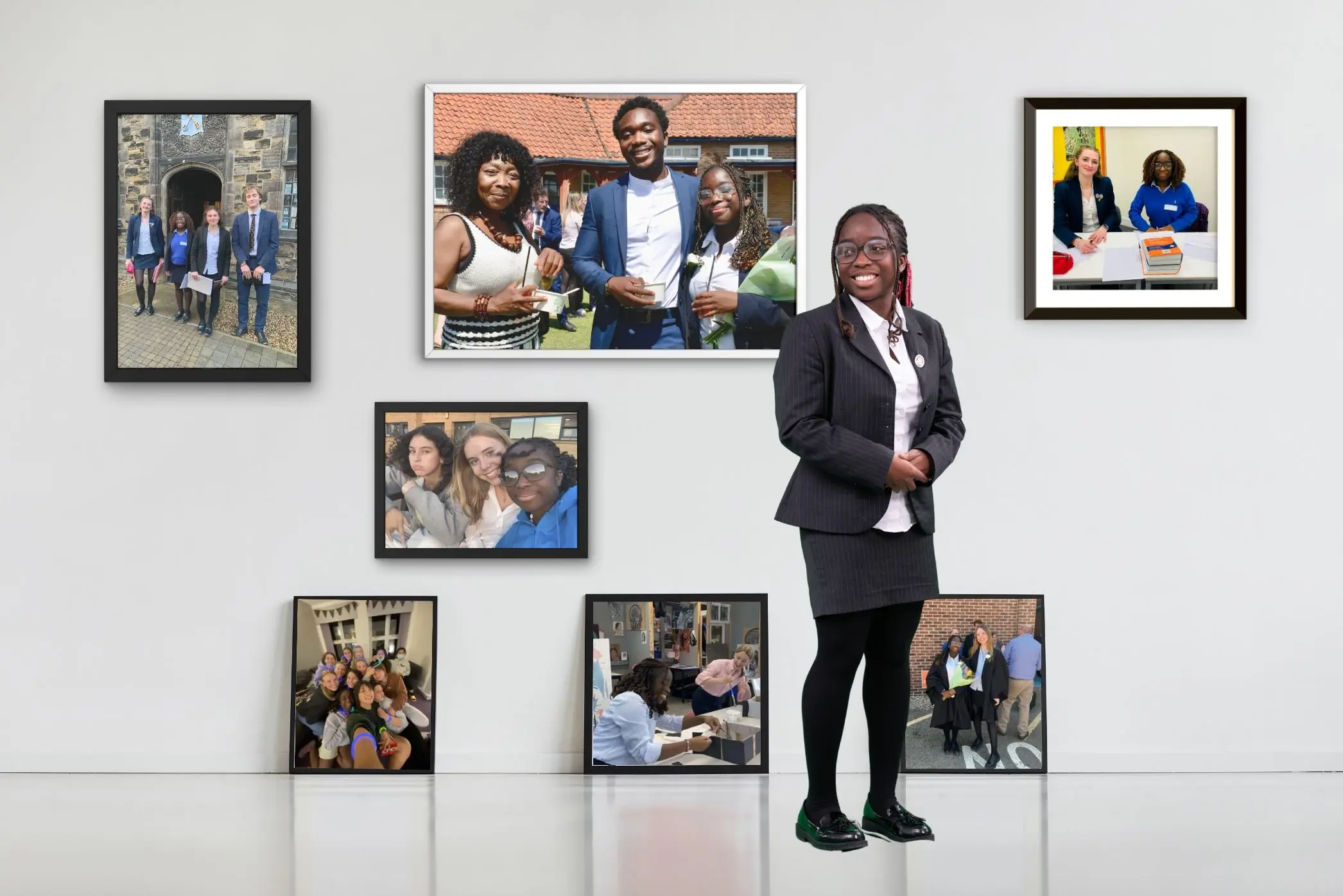 Pocklington School pupil sitting/standing in a room with photos on wall behind of their school  life