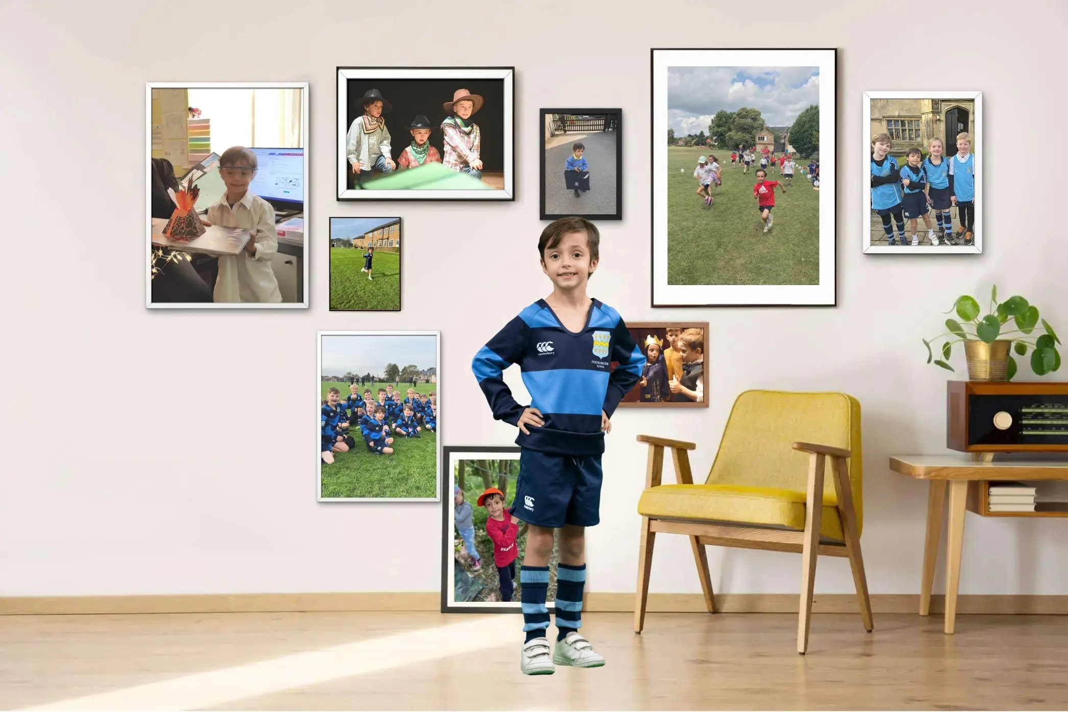 Pocklington School pupil sitting/standing in a room with photos on wall behind of their school  life