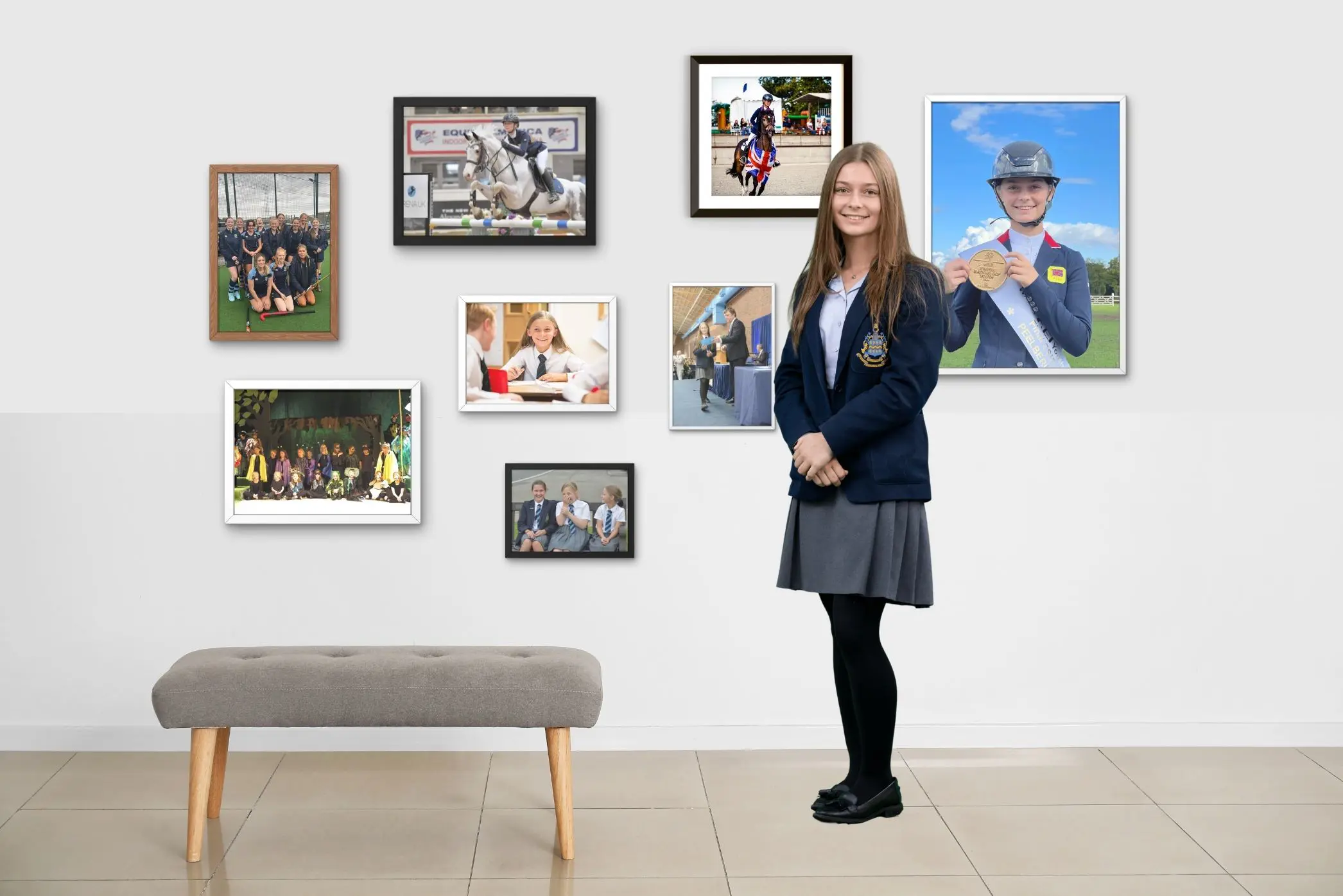 Pocklington School pupil sitting/standing in a room with photos on wall behind of their school  life