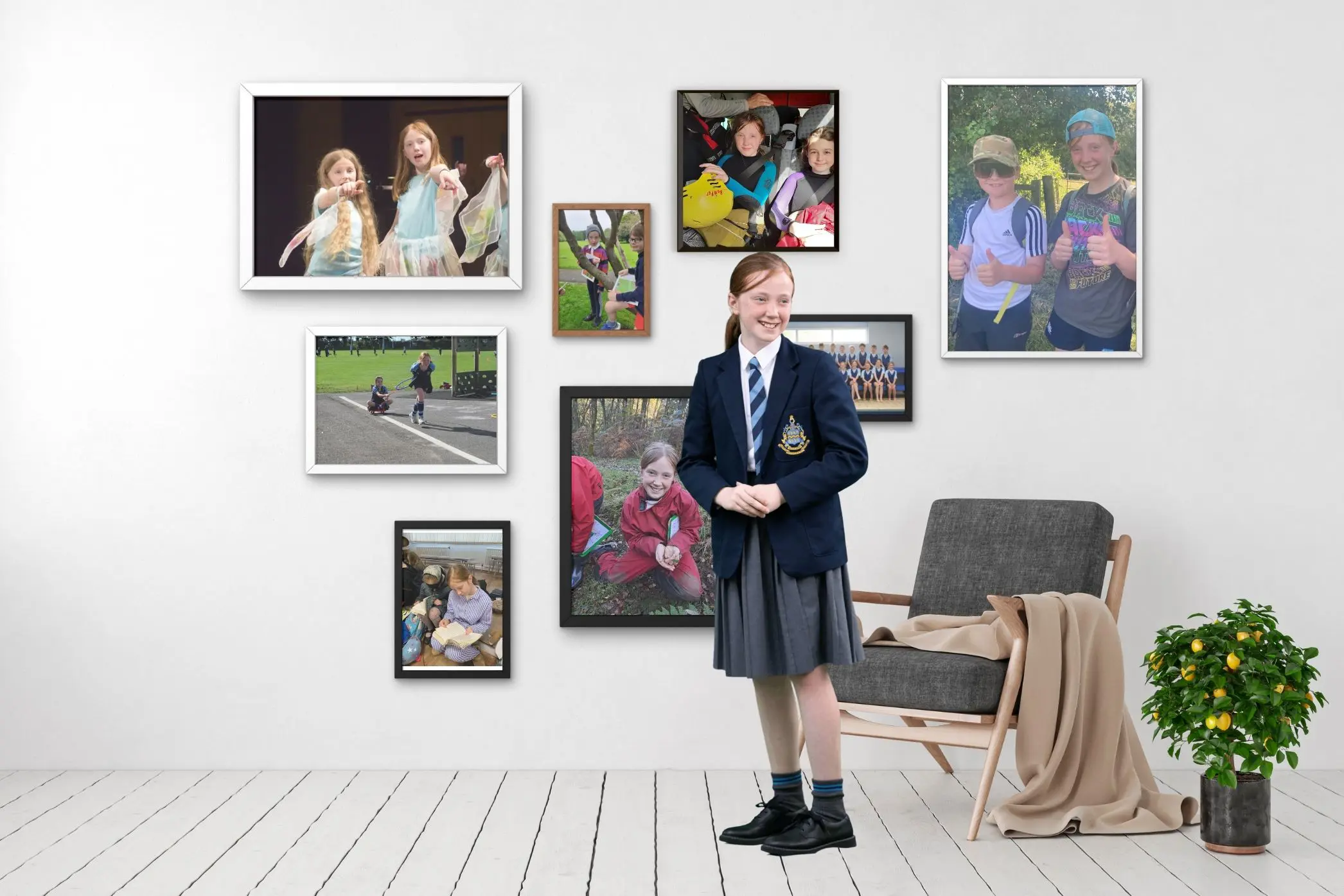 Pocklington School pupil sitting/standing in a room with photos on wall behind of their school  life