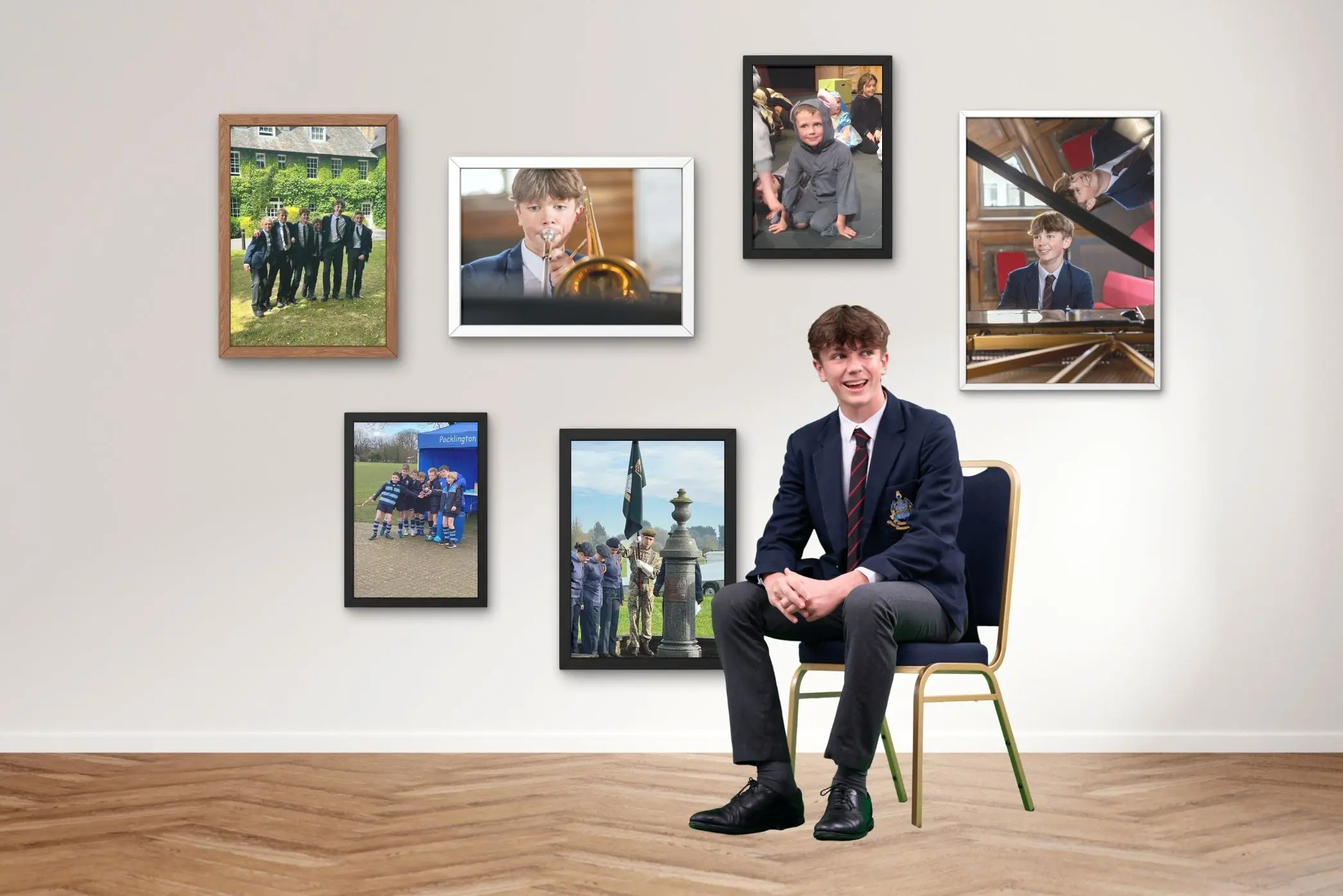 Pocklington School pupil sitting/standing in a room with photos on wall behind of their school  life