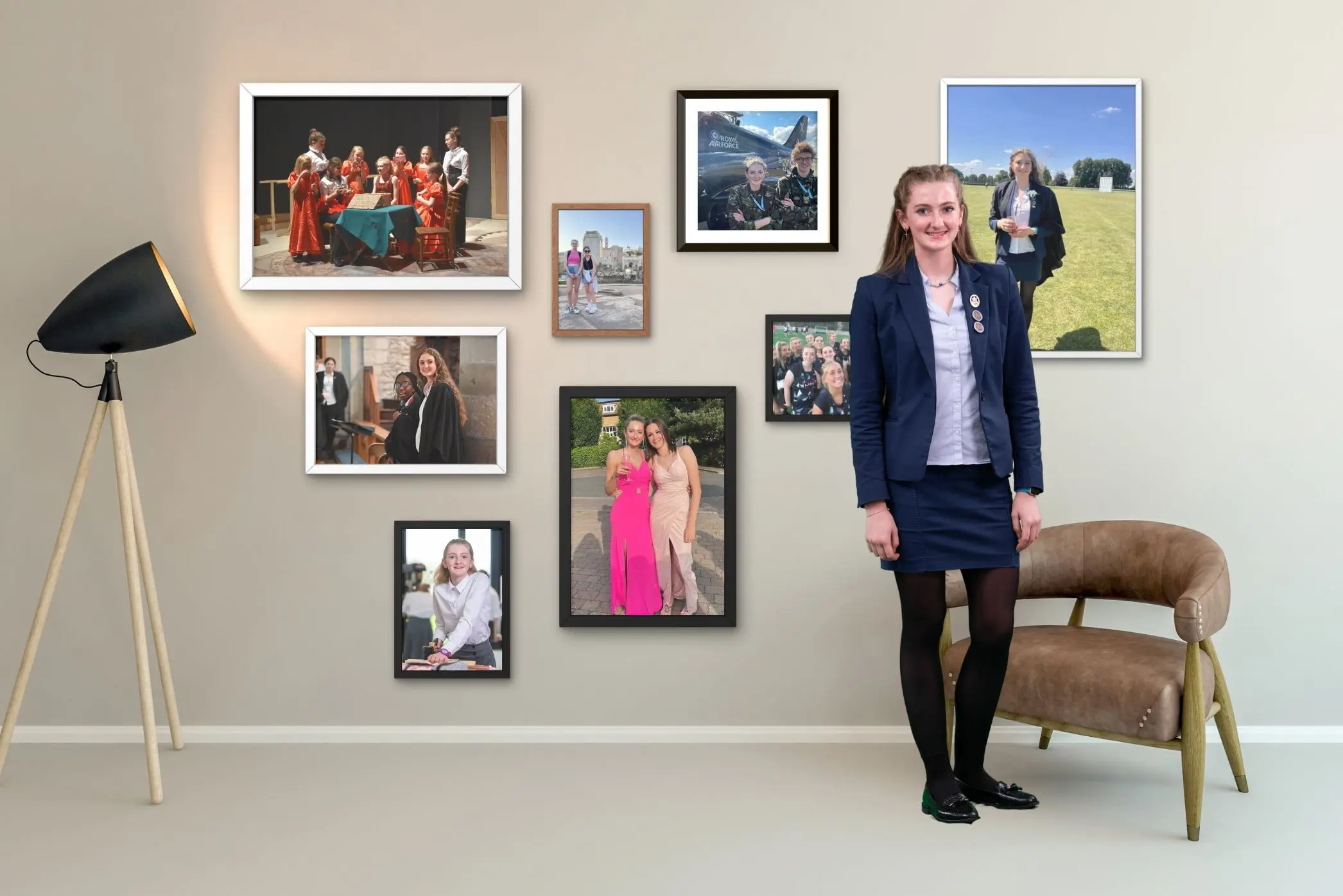 Pocklington School pupil sitting/standing in a room with photos on wall behind of their school  life