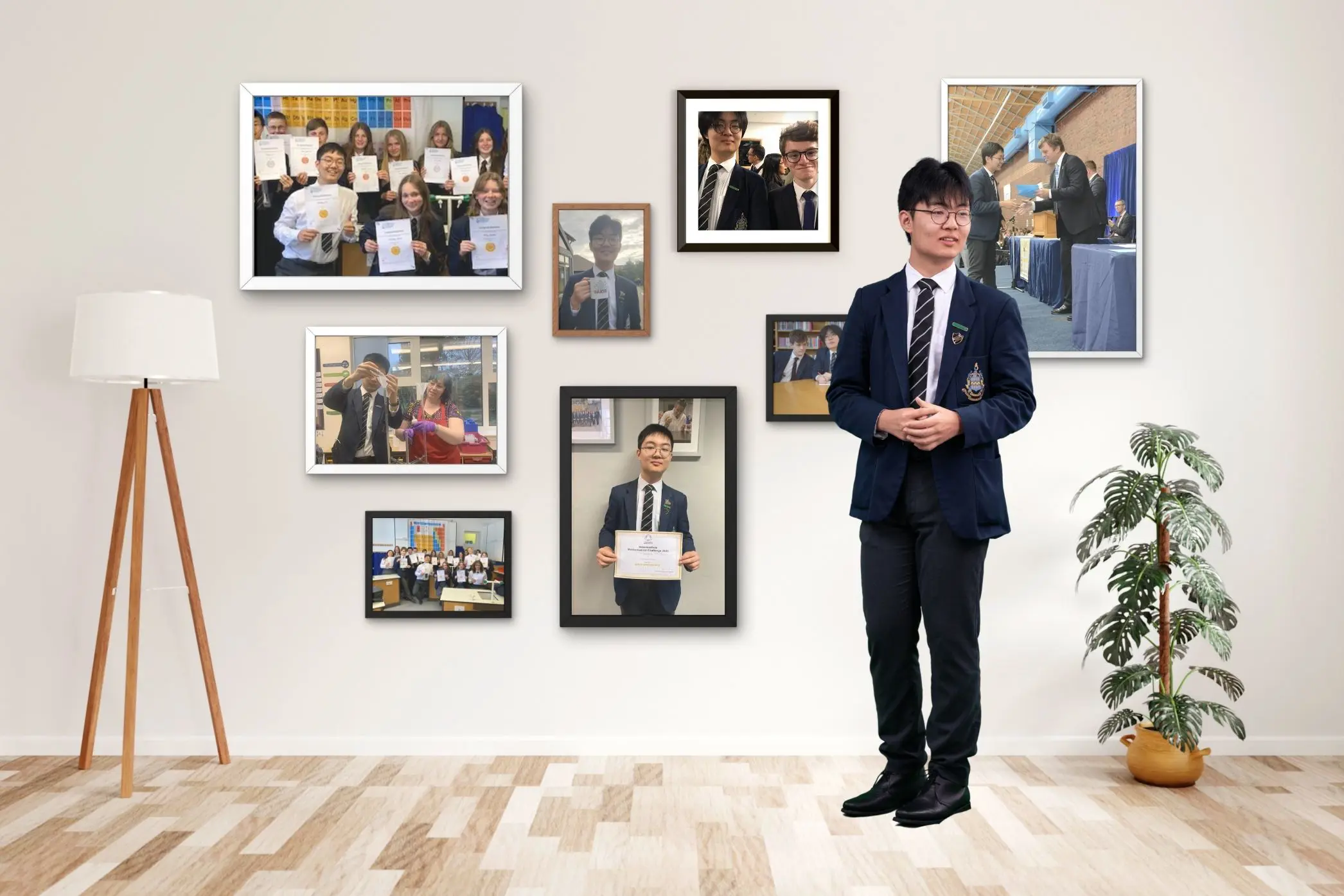 Pocklington School pupil sitting/standing in a room with photos on wall behind of their school  life