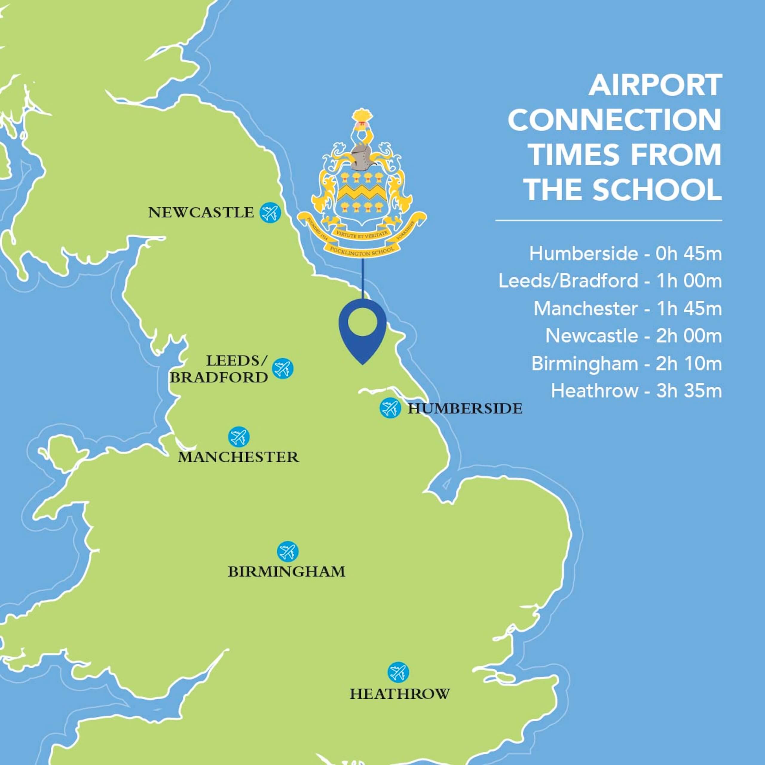 Map of the UK marked with nearest airport destinations