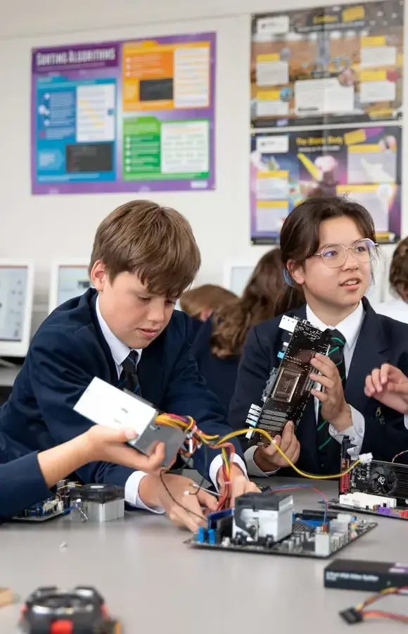 Pocklington School pupils working with electronic components in IT