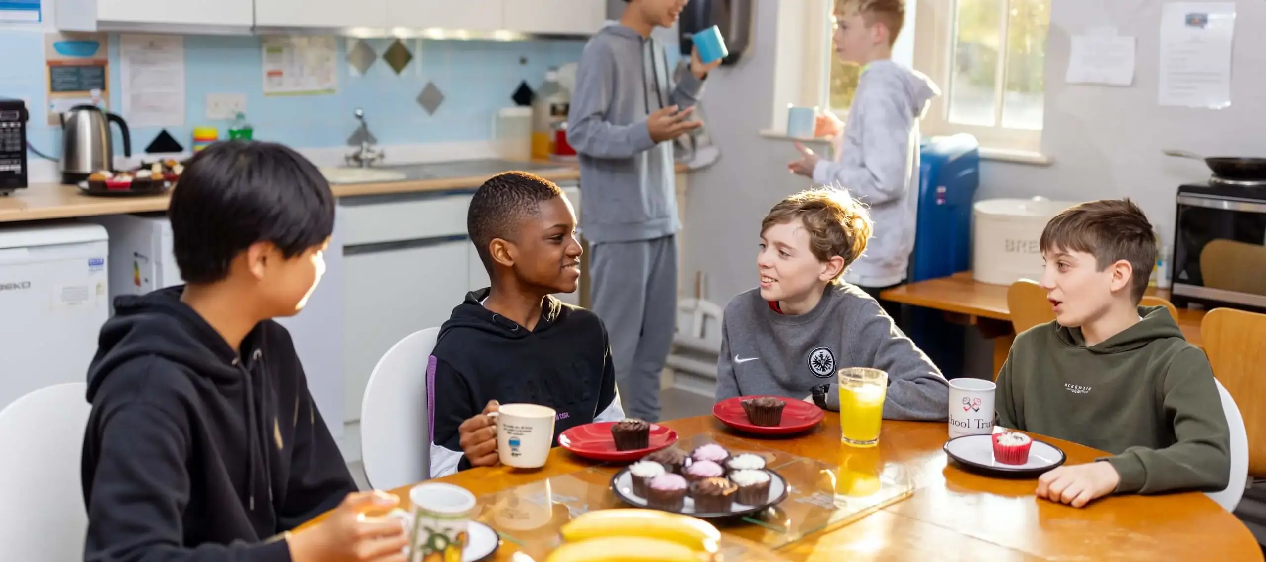 Pocklington School junior boarders at kitchen table